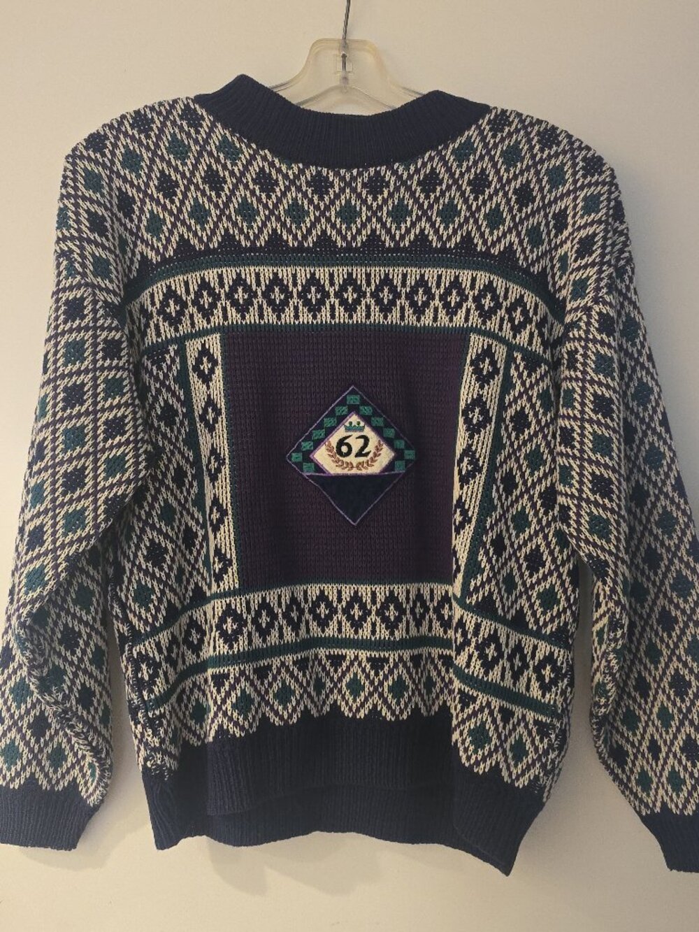 Vintage 62 East Sweater Small Navy Teal Diamond Knit Grandpa Coogi Style